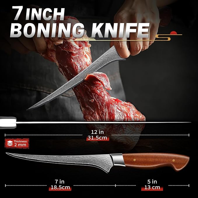 TIJERAS Damascus Fillet Knife 7 Inch - Professional VG-10 Super Sharp Boning Knife for Meat Poultry Chicken Cutting, Japanese Fish Knives with Ergonomic Wood Handle, Birthday Gifts for Men Women