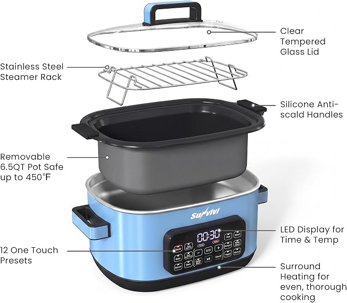 Sunvivi 12-in-1 Multi Cooker, 6.5QT Programmable Slow Cooker with Timer & Temp Control, Auto Warm Setting, Delay Start, Dishwasher Safe Lid & Removable Nonstick Crock, Stainless Steel Rack, Blue