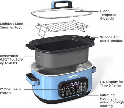 Sunvivi 12-in-1 Multi Cooker, 6.5QT Programmable Slow Cooker with Timer & Temp Control, Auto Warm Setting, Delay Start, Dishwasher Safe Lid & Removable Nonstick Crock, Stainless Steel Rack, Blue