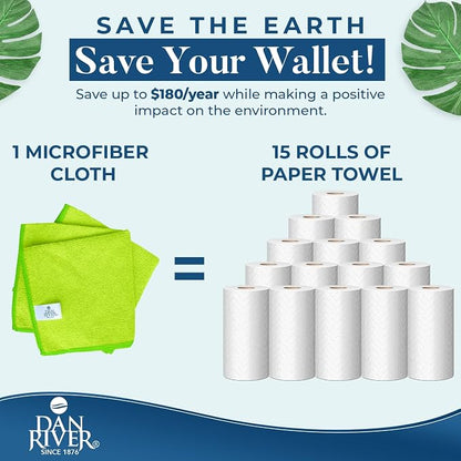 DAN RIVER 12-Pack Green Microfiber Towels – Ultra Absorbent, Lint-Free & Streak-Free Terry Cloth Rags for Home, Car & Kitchen - Must-Have Cleaning Essentials - 12" x 12"