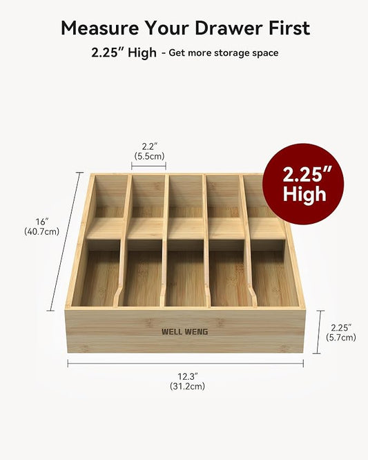 Utensil Drawer Organizer for Silverware,Bamboo 10 Slot | V-Groove & Anti-Slip Blocks, Vertical Storage,16" D x 12.3" W x 2.25" H, Cutlery Holder Dividers for Spoons Forks Knives