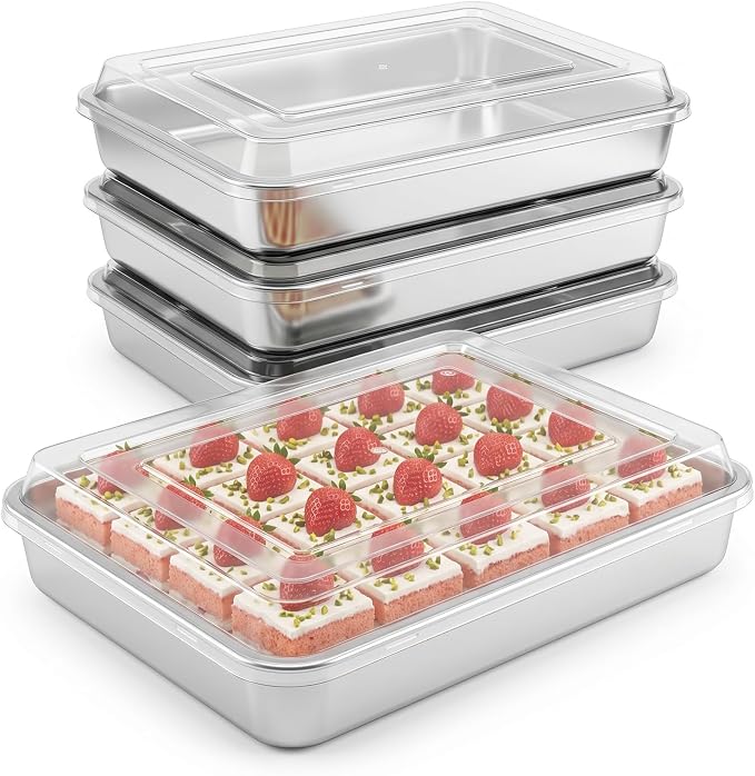 Leonyo Baking Pan with Lid Set of 4, 12⅓ x 9¾ x 2 Inch Deep Stainless Steel Cake Pan for Baking, Rectangular Lasagna Tray for Focaccia, Bread, Brownies, Casseroles, Refrige & Oven Safe