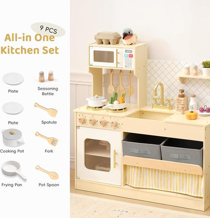OOOK Wooden Pretend Play Kitchen Set with Storage System, Kids Play Kitchen with Plenty of Play Features, Toddler Kitchen Playset for Toddlers 3-5