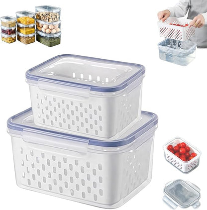 4 in 1 Food Storage Containers with Lids, Food Storage Containers With Lids Airtight, With Removable Colander, For Fruits & Vegetables, Easy to Soak, Clean, Drain and Store (Blue, S+M)