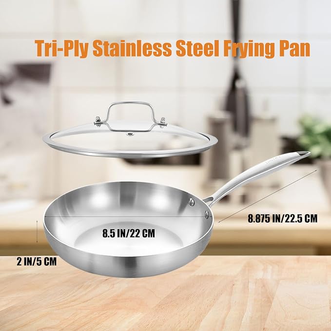 Inqibee 8.5 Inch Stainless Steel Frying Pan with Lid, Tri-Ply Skillet, Induction Compatible Cooking Pan, Dishwasher Safe, Oven Safe, Small Fry Pan for Gas, Electric & Ceramic Cooktops