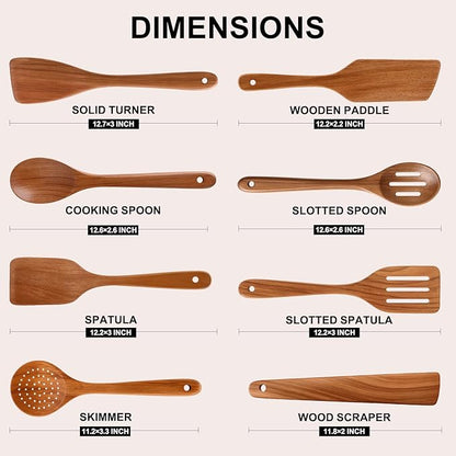 8 Pcs Best Non Toxic Kitchen Utensil Set Teak Wooden Cooking Spoons Nonstick Flat Slotted Turner Spatula Bamboo Wood Serving Utensils for Cooking Egg Spatulas for Kitchen Use Tools Slotted Pasta Spoon