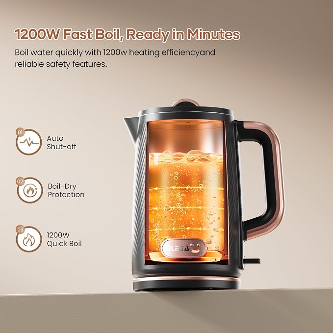 OLEGA Electric Kettle: 1200W Fast Boil Electric Water Kettles, 1.5L Double Wall Stainless Steel Tea Kettle, Auto Shut-Off, BPA-Free Hot Water Boiler Teapot for Coffee & Tea -Black