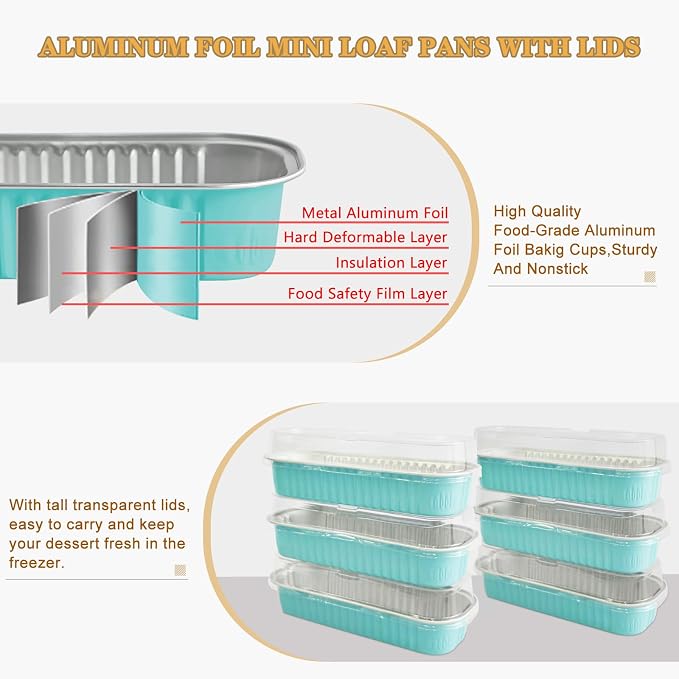 Mini Cake Pans with Lids and Spoons 200 Pack, Mini Loaf Pans with lids 6.8oz, Small Disposable Aluminum Foil Loaf Pans, Rectangular Baking Container for Party, Picnics and Housewarming (Blue)