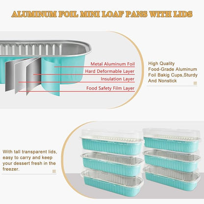 Mini Cake Pans with Lids and Spoons 200 Pack, Mini Loaf Pans with lids 6.8oz, Small Disposable Aluminum Foil Loaf Pans, Rectangular Baking Container for Party, Picnics and Housewarming (Blue)