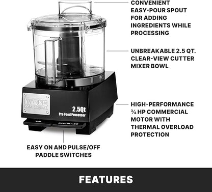 Waring Commercial Food Processor, 2.5 Quart Capacity with Flat Lid, 3/4 Horsepower Motor, Vegetable Chopper for Professional Kitchens, WFP11SW