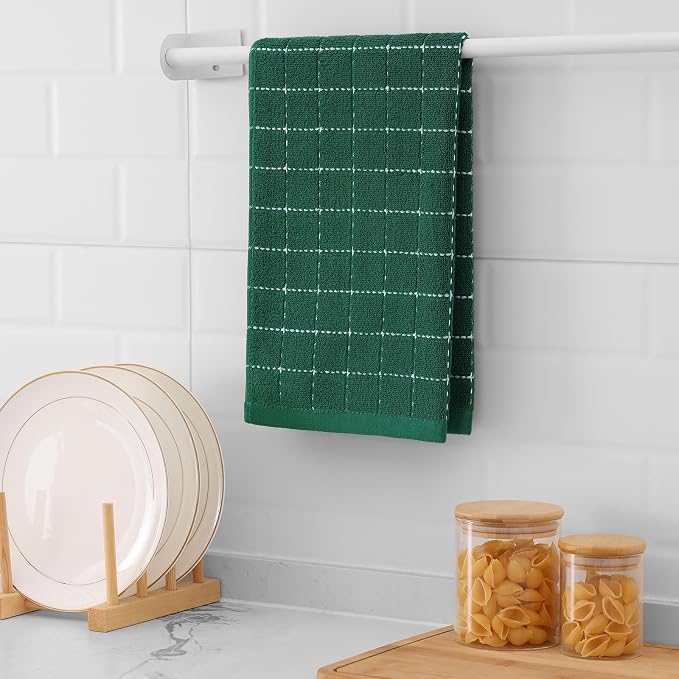 Mordimy 100% Cotton Terry Cloth Kitchen Towels, Super Soft and Absorbent Dish Towels for Drying, Checkered Designed Hand Towels for Kitchen, 16 x 26 Inches, 4 Pack, Dark Green