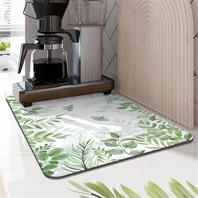LOKHOM Dish Drying Mat for Kitchen Counter, 12"x20" Absorbent Coffee Bar Mat with Green Plant & Butterfly, Dish Drainer Rack Mats for Kitchen Counter Coffee Maker Pot Dining Room Decoration
