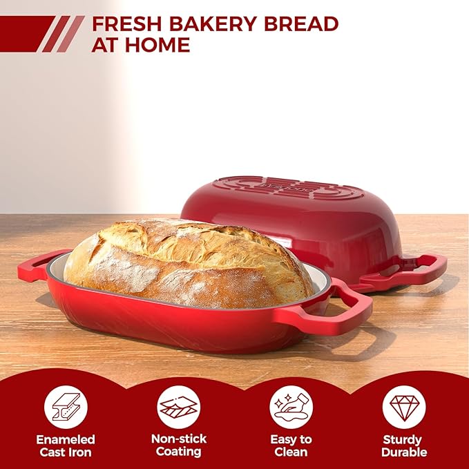 Enameled Cast Iron Bread Oven, Wildone 5.5QT Cast Iron Dutch Oven for Homemade Sourdough Bread Baking, Bread Pan with Lid & Cotton Potholders, Red