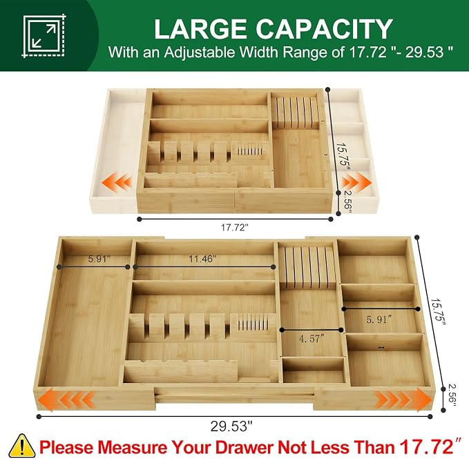 Bamboo Silverware Drawer Organizer, 17.72-29.53 Inch Expandable Large Kitchen Drawer Organizer, 5-8 Slot Flatware with Removable Card Slots & Knife Block for Spoon Butter Knive, Natural