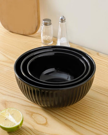 HASENSE Small Mixing Bowls of 3, Porcelain Ribbed Black Bowls 1.5/1/0.5 Qt For Kitchen, Cooking, Baking and Serving Prep Bowls for Salad, Pasta, Modern Kitchen Dish Dishwasher & Microwave Safe
