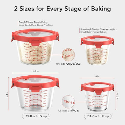 GENICOOK Sourdough Starter & Fermentation Jar Set, 2-Piece Borosilicate Glass Containers with Airtight Lids & Vent Plugs (24oz & 71oz), Wide Mouth Measuring Jars for Dough Mixing, Proofing & Baking