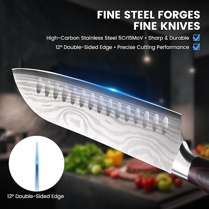 DiiHAUZZ Santoku Knife 7 Inch, Japanese Chef Knife with Ultra Sharp Hollow Edge, High Carbon Steel Forged Professional Kitchen Knives with Ergonomic Pakkawood Handle and Sheath, Gift Box