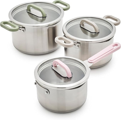 BK Twisting by Greenlife Stainless Steel 6 Piece Locking Lid Cookware Set, Built in Strainer, Induction Pots & Pans, Drip-Free Pour Spouts, Silicone Handles, Saucepan, Stock Pot, Dishwasher Safe