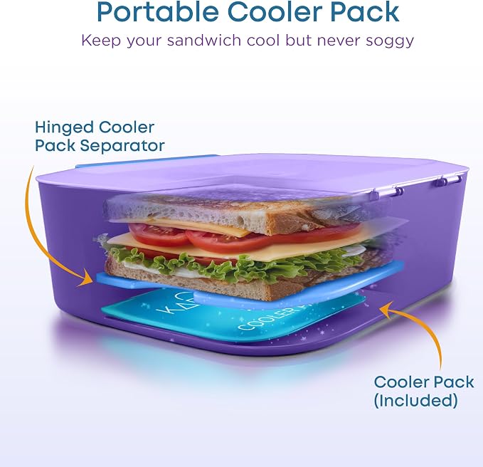 KARRICO Leakproof Lunch Box – 3-Compartment Bento Box, Cooler Pack & Adjustable Divider, Extra Large & BPA-Free – Dishwasher Safe, Ideal for On-the-Go Meals, Lilac & Blue