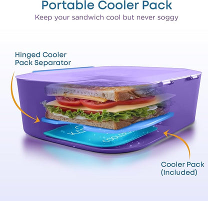 KARRICO Leakproof Lunch Box – 3-Compartment Bento Box, Cooler Pack & Adjustable Divider, Extra Large & BPA-Free – Dishwasher Safe, Ideal for On-the-Go Meals, Lilac & Blue