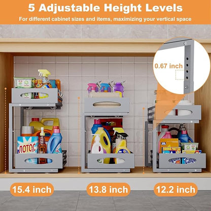 Under Sink Organizer, 2 Tier Under Sink Organizers and Storage, Adjustable Height, Slide out Metal Cabinet Organizers, Pull out Cabinet Storage Drawer Shelf for Kitchen Bathroom (Gray, 2 Pack)