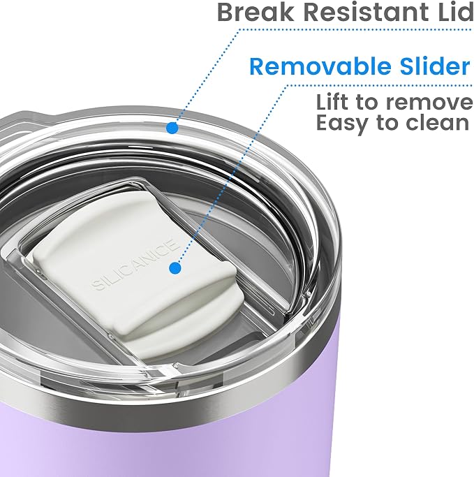 20oz Hygienic Stainless Steel Vacuum Insulated Tumbler w/ Easy-On/Easy-Off Lid - Removable slider, Double Wall 18/8 Travel Mug, BPA-Free, Fits Cup Holders, Premium Quality, Smart Value - Lilac