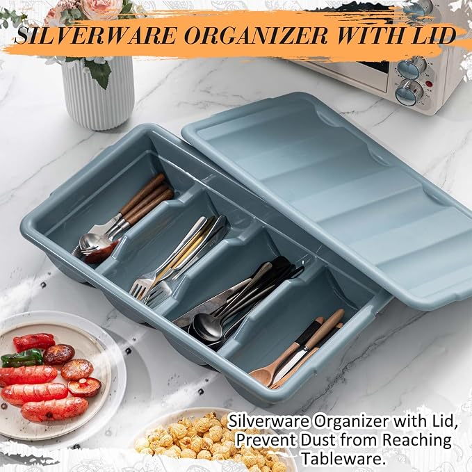 Maxdot 1 Pcs 20.5 x 11.9 x 3.7 Inch Silverware Organizer with Lid, Commercial 4-compartment Restaurant Kitchen Cutlery Tray, Plastic Silverware Storage Container, Condiments Holder (Grayish Blue)