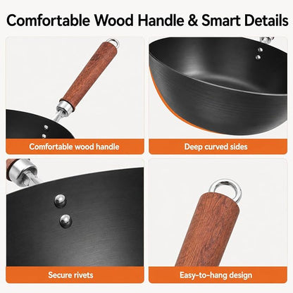 WANGYUANJI 10.24-Inch Carbon Steel Wok with Lid, Flat Bottom Small Wok Pan for 1–3 Servings, Uncoated Stir Fry Pan, Glass Lid, Induction/Gas/Electric Compatible, Wood Handle, Black