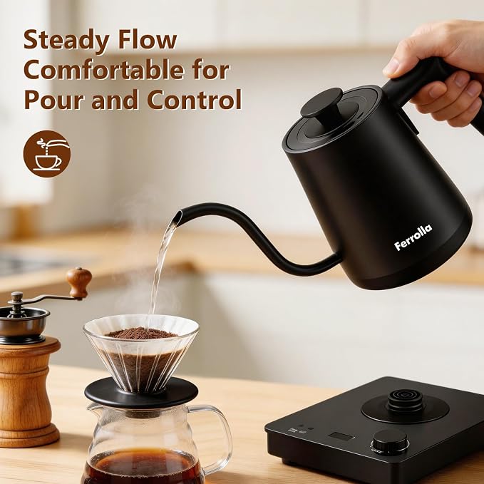 Electric Gooseneck Kettle Black with Digit LED Display and Dial Control, Pour Over Kettle for Coffee & Tea, Hot Water Boiler, Stainless Steel Inner Lid & Bottom, 1300W, 0.8L