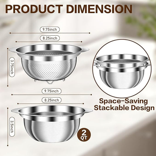 Stainless Steel Strainer with Mixing Bowl, Rice Washer, Colander for Kitchen, Rice Strainer, Fruit and Vegetable Wash, Microporous Colander, Fruit Cleaner Bowl, Dishwasher Safe