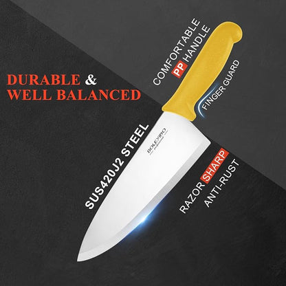 8 inch Japanese High Carbon Stainless Steel Chef Knife, Professional Extra Sharp Wide Cook Knife with Non-slip Ergonomic Handle, for Kitchen Home Restaurant