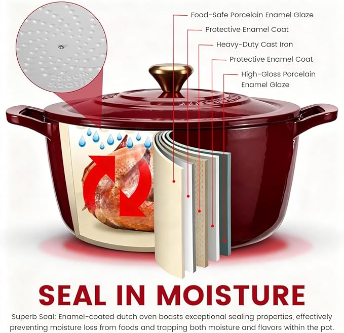 Cast Iron Dutch Oven - JINCHUFURI Enameled Cast Iron Dutchs Oven with Lid 5 Quart enamel dutch ovens Pot Heavy-Duty Cookware for Sourdough Bread Baking,Stews, Roasting,Braising(Rose Red)