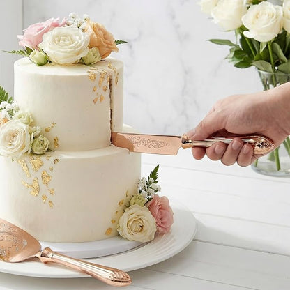 KSENDALO Elegant Wedding Cake Knife and Server Set with Hollow Handle, Rose Gold Serrated Knife Cake Cutting Set, 18/8 Stainless Steel Pie Server for Weddings, Birthdays & Anniversary,13.78inch Long