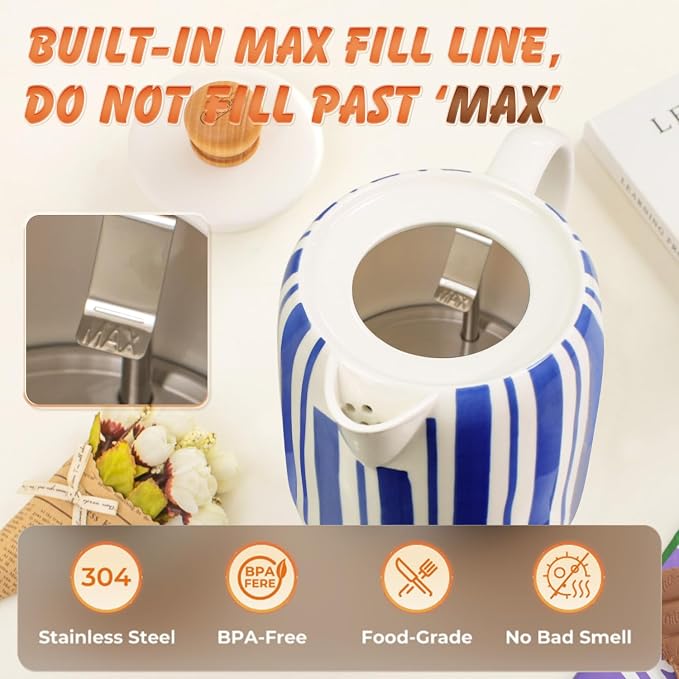 1.0-Liter Ceramic Electric Kettle, 1000W Rapid Boil, Tea Kettles Pot & Hot Water Boiler For Coffee & Tea, Teapot Auto Shut-Off, Boil-Dry Protection(A24)