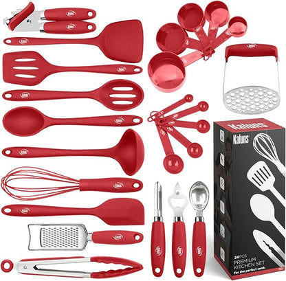 Kaluns Silicone Kitchen Utensils Set 24 Pcs Cooking Utensils Set - Can Opener, Masher, Turner, Spatula 446°F Heat Resistant Non-Stick - Premium Silicone and Stainless Steel Utensil Set