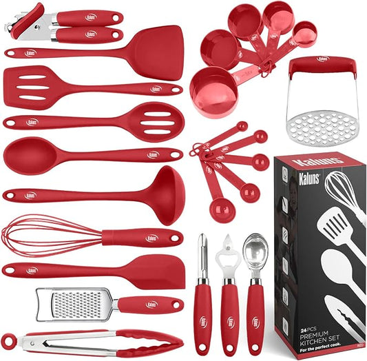 Kaluns Silicone Kitchen Utensils Set 24 Pcs Cooking Utensils Set - Can Opener, Masher, Turner, Spatula 446°F Heat Resistant Non-Stick - Premium Silicone and Stainless Steel Utensil Set