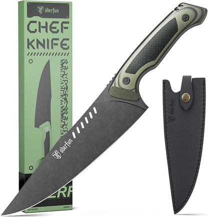 8 inch Chef Knife with Leather Sheath, G10 Handle Kitchen Knife | Ultra Sharp Stainless Stee Blade, Full Tang, Gyuto Style for Home Cooking and Outdoor Camping, Knives for Men Him Husband