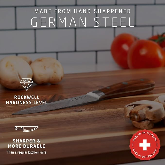Swiss Diamond, Utility Knife, German Steel With Carbonized Ash Wood, Full Tang Handle, Damascus Blade Chef Knives Professional Grade, 55+2 Rockwell Hardness, 5 Inch