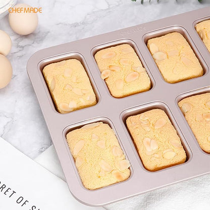 CHEFMADE Brownie Cake Pan, 8-Cavity Non-Stick Rectangle Muffin Pan Bakeware for Oven Baking(Gold)