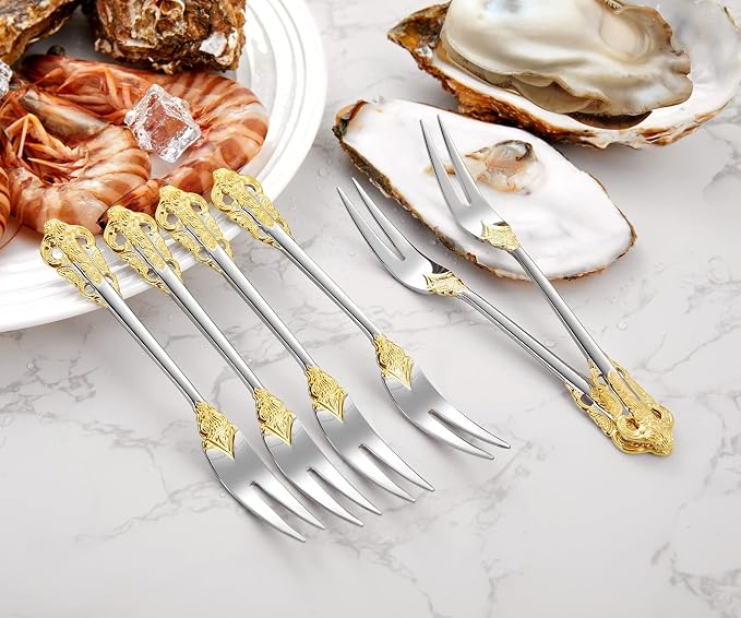 KEAWELL Luxury 6.3" Food Fork/Seafood Forks 18/10 Stainless Steel, Set of 6, Fruit Picks/Cocktail Forks/Charcuterie Accessories/Cocktail Picks for Appetizer, Cocktail, Pastry, Dessert (Gold Accent)