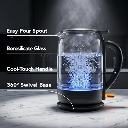 OVENTE Electric Kettle with 1.5L Borosilicate Glass, 1500W Fast Boiling Water Heater for Coffee or Tea, Easy to Fill Lid, Auto Shut-Off, Boil-Dry Protection & Stainless Steel Filter, Black KG516B