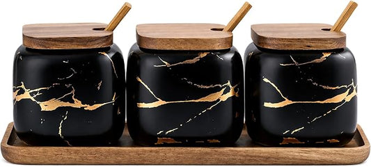 3 Pcs Porcelain Condiment Jar Pot Spice Container Ceramic Seasoning Jar with Lid Spoon and Tray Great for Home Kitchen Counter, Black