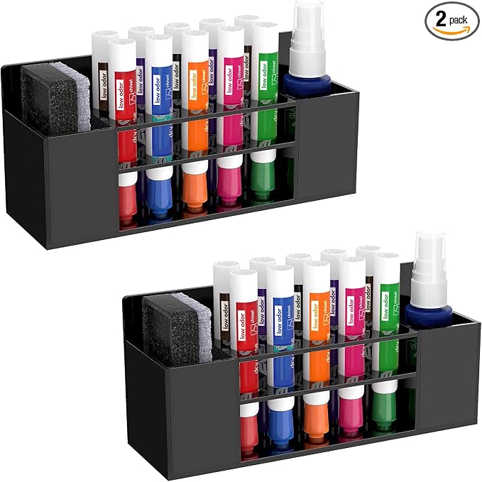 HBlife 2 Pcs Acrylic Magnetic Dry Erase Marker Holder for Whiteboard, Wall Mount 10 Slots Magnet Pen Pencil Holder for Fridge Refrigerator, Locker Organizer Accessories for Classroom Office, Black