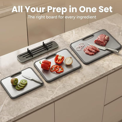 SMIRLY Titanium Cutting Board for Kitchen, Double Sided Chopping Board Set with Holder, Pure Titanium, 3 Pack (Silver)