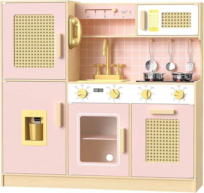 Babytronic Wooden Kitchen Playset for Kids - Pink Pretend Play Kitchen with Lights & Sounds, Retro Style Toy Kitchen for Toddlers Ages 3+, Wooden Play Kitchen Set with Realistic Design (Pink&Gold)