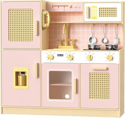 Babytronic Wooden Kitchen Playset for Kids - Pink Pretend Play Kitchen with Lights & Sounds, Retro Style Toy Kitchen for Toddlers Ages 3+, Wooden Play Kitchen Set with Realistic Design (Pink&Gold)