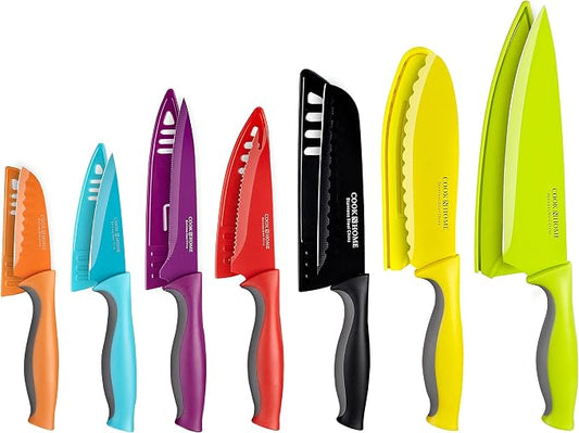 Cook N Home Basics Cutlery Kitchen Knife Set, Coated Carbon Stainless Steel Knife Set with Sheaths, Non-stick Sharp Blades, Multicolor, 14-Piece with Ergonomic Handles