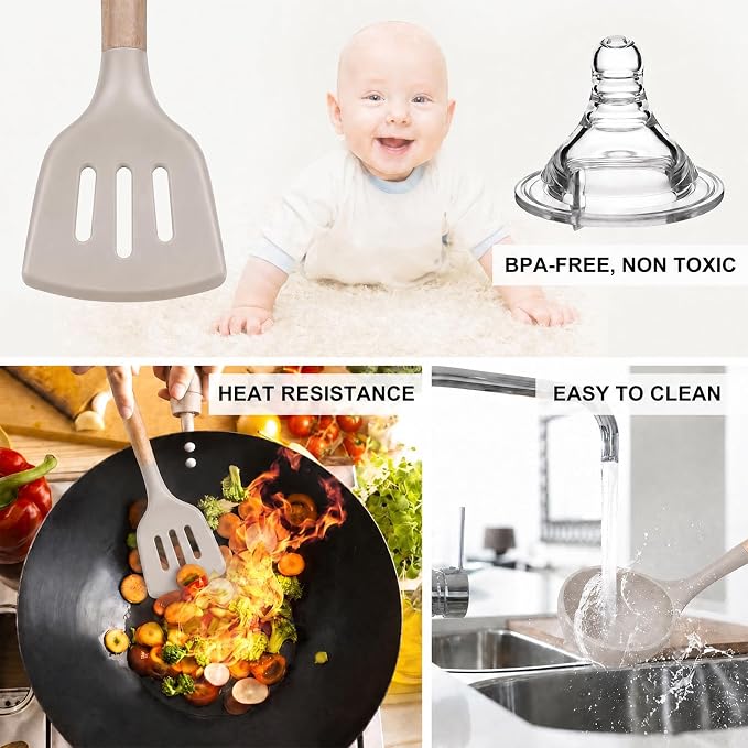 MIBOTE Silicone Cooking Kitchen Utensils Set with Holder, Wooden Handles BPA Free Non Toxic Silicone Turner Tongs Spatula Spoon Kitchen Gadgets Utensil Set for Nonstick Cookware (Khaki)