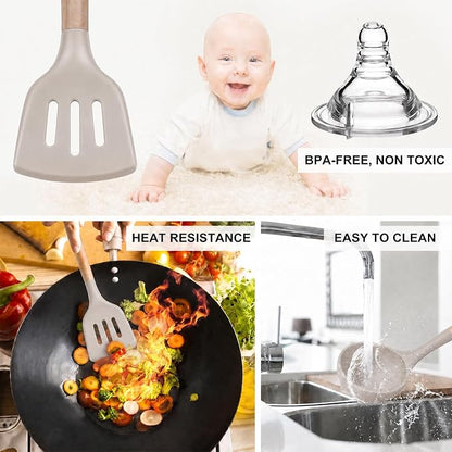 MIBOTE Silicone Cooking Kitchen Utensils Set with Holder, Wooden Handles BPA Free Non Toxic Silicone Turner Tongs Spatula Spoon Kitchen Gadgets Utensil Set for Nonstick Cookware (Khaki)