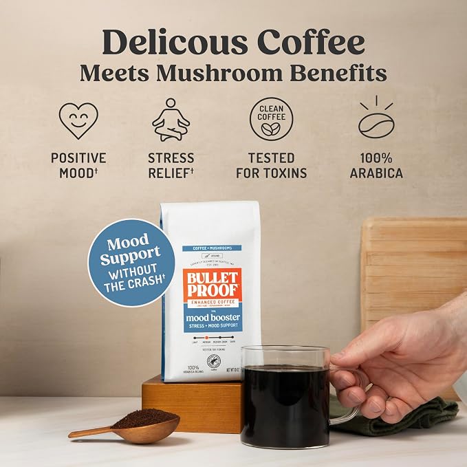 Bulletproof Mood Booster Mushroom Coffee Grounds with Lion's Mane, Ashwagandha & Reishi, Medium Roast for Focus & Mood Support, 10 oz